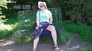 hairy chubby mature flashes pussy thru see-thru dress outdoors