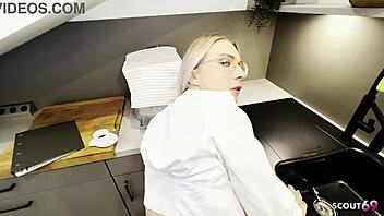Skinny German blonde teen in glasses tempts quick kitchen POV anal creampie pounding
