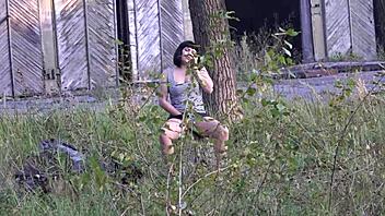 outdoor anal play heats up phone orgasm as voyeur spies tight public thrill