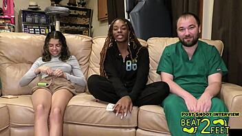 Foot friends Aria Nicole and Giggles worship barefoot toes backstage close-up