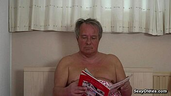 Naughty babe in lingerie rides old guy cowgirl style on the bed