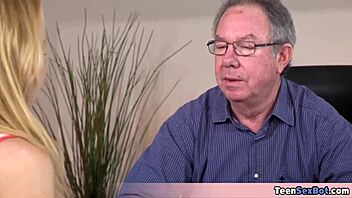 a cute petite blonde teen gets nasty lessons from old teacher on blowjob and tits