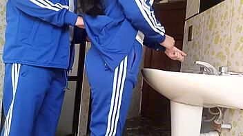 Quick school bathroom fuck with tight latina teen uniform up