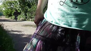 hairy chubby mature flashes pussy thru see-thru dress outdoors