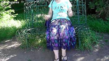 hairy chubby mature flashes pussy thru see-thru dress outdoors