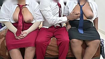 hey students get naughty with steamy threesome right in class