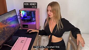 Blonde babe teases seductively on camera for viewer