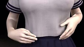 3d brunette asian with big tits squirts milk in pov