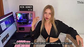 Blonde babe teases seductively on camera for viewer