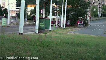 Blonde cutie takes public street gangbang threesome pounding