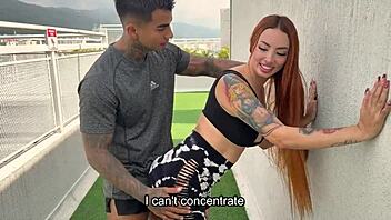 muscular coach pounds busty student outdoors hard