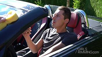 Wet teen cleaners rim hard before cowgirl rides