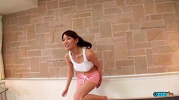 asian yoga slut flashes tits licks ass for creampie casting