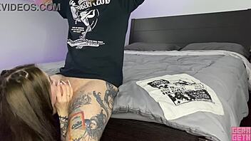 girl catches guy jerking to her panties and jumps in to suck