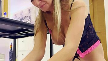 sexy cute milf rides sybian moaning in mirror lingerie