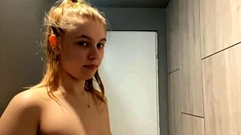 Smooth shaved teen fingers pussy to orgasm in public gym quickie masturbating hardcore!