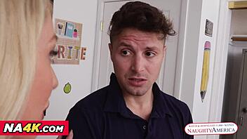 Sexy blonde teacher Sadie Summers bends over in stockings to teach naughty student Jay a hard lesson 😘📚