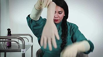 Latex nurse gloves fetish drives patient wild in hospital play