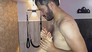 Horny girlfriend humiliates boyfriend with huge black dildo milking all cum