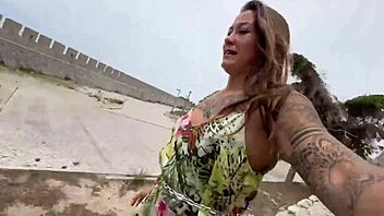 brazilian couple rips clothes for curvy public castle sex