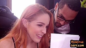 bound curvy redhead gets nipples clamped zapped in kinky bdsm threesome domination