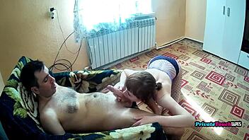 early mornin russian fishnet blowjob cum mouth finish