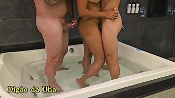 curvy ebony hotwife gangbanged by two in hot tub creampie