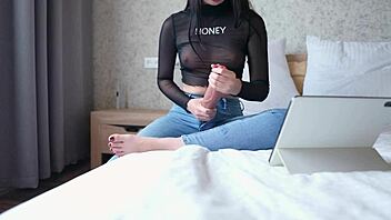 Futanari instructor demonstrates cum control jerk off tutorial