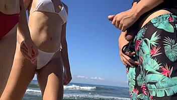 Beach dick flash scores hot mff threesome prize