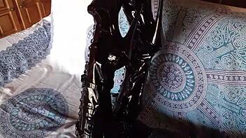 total black latex fishnets pantyhose over-knee boots