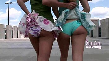 Busted flashing big tits on university campus outdoors