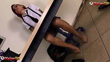 tattooed college girl in pantyhose rides dildo to ecstasy