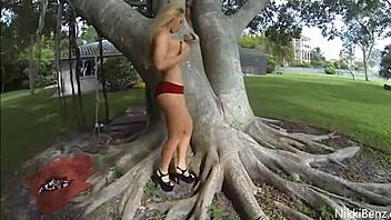super sensual blonde nikki benz strips bra in public park thrill