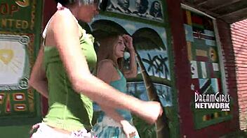 Busted flashing big tits on university campus outdoors