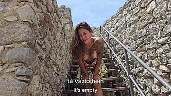 brazilian couple rips clothes for curvy public castle sex