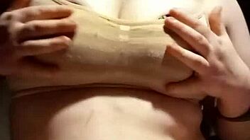 tiny babe plays with her big natural tits in homemade lingerie pov