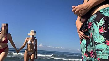 Beach dick flash scores hot mff threesome prize