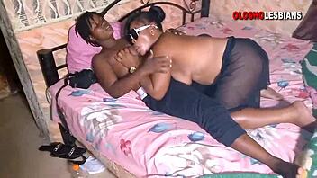 Teasing ebony roommate's huge boobs then fucking her with massive cucumber