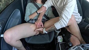 pretty teen fingered to squirting orgasm in public car ride