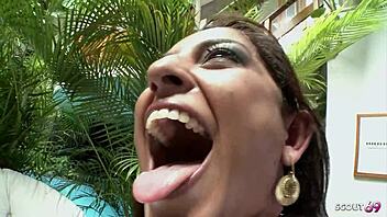 Tanned Latina teen slut small tits perfect ass first anal gaping at casting