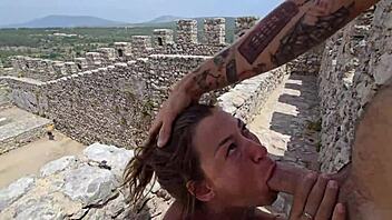 brazilian couple rips clothes for curvy public castle sex