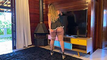 Hey, wanna see this sexy brazilian bbw maid's fat hairy pussy through see-through panties?