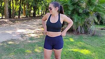 i flash my wet pussy in leggings at park flashing cute brazilian milf athletic curvy public forest workout spitting on cock tattoo tight shorts sneakers!