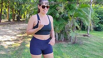 i flash my wet pussy in leggings at park flashing cute brazilian milf athletic curvy public forest workout spitting on cock tattoo tight shorts sneakers!