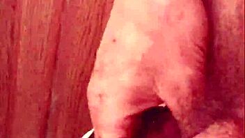 guy gives short foreskin cock slow teasing handjob stroke