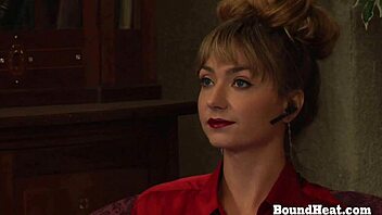 Collar-bound lesbian slave dildo fucks pussy for mistress