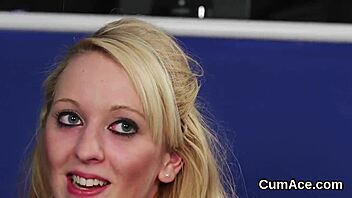 Horny classy bimbo swallows bukkake jizz from blowbang faceshot