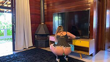 Hey, wanna see this sexy brazilian bbw maid's fat hairy pussy through see-through panties?