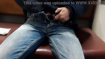 Skinny Brunette Masturbates Riskily on Public Train to Cum