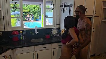 wife fucks husband's friends in kitchen while he cleans pool